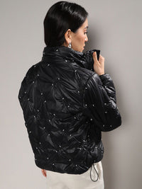 Kampus Sutra Hitam Hiasan Windcheater Puffer Jaket