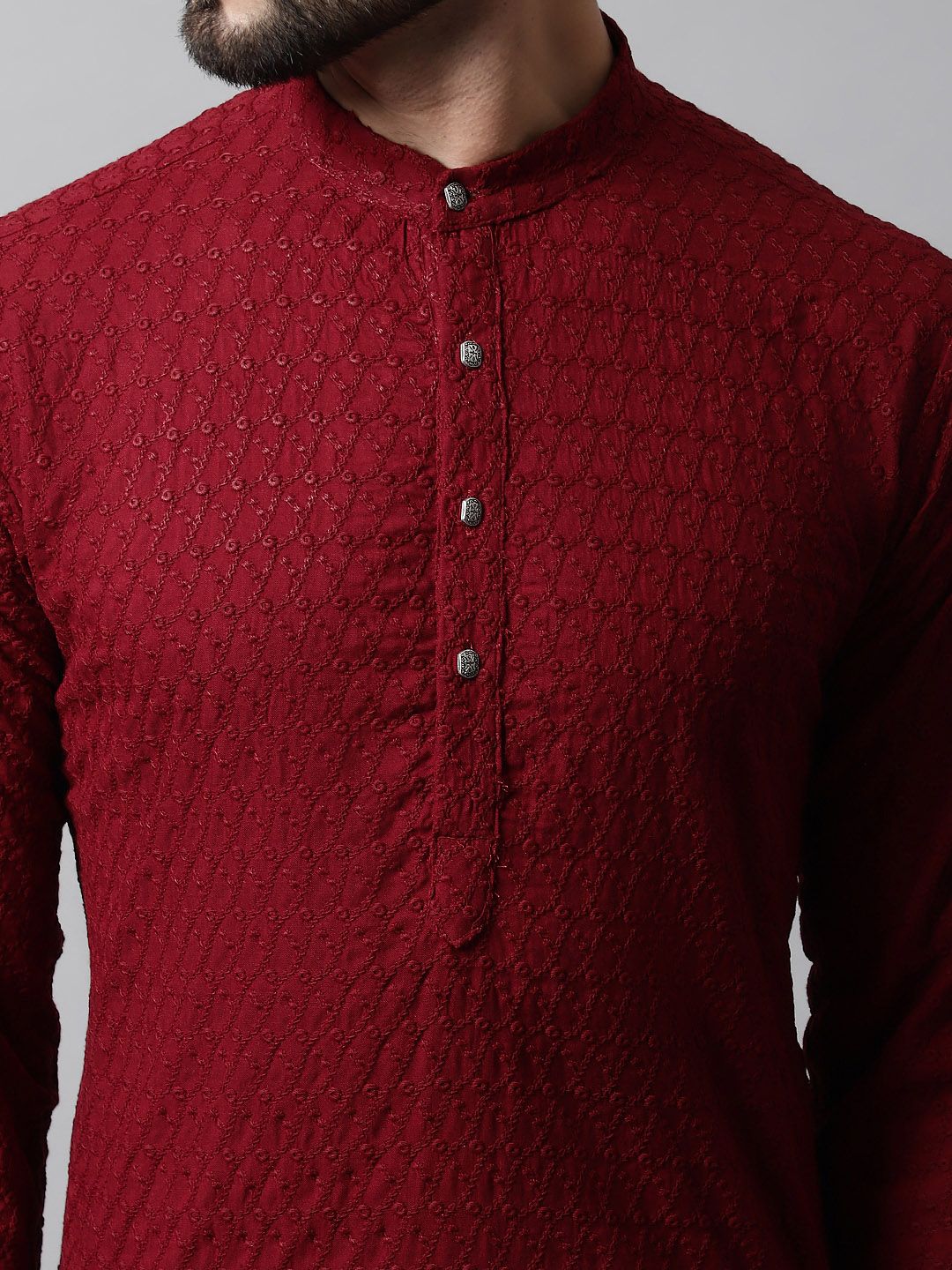 Jompers Men Maroon Embroidered Chikankari Pure Cotton Kurta with Pyjamas