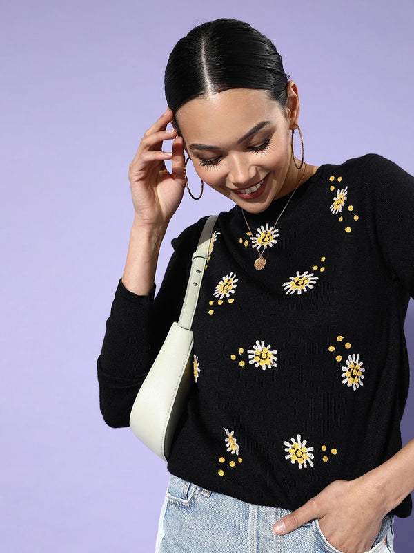 DressBerry Women Black Floral Acrylic Sweater