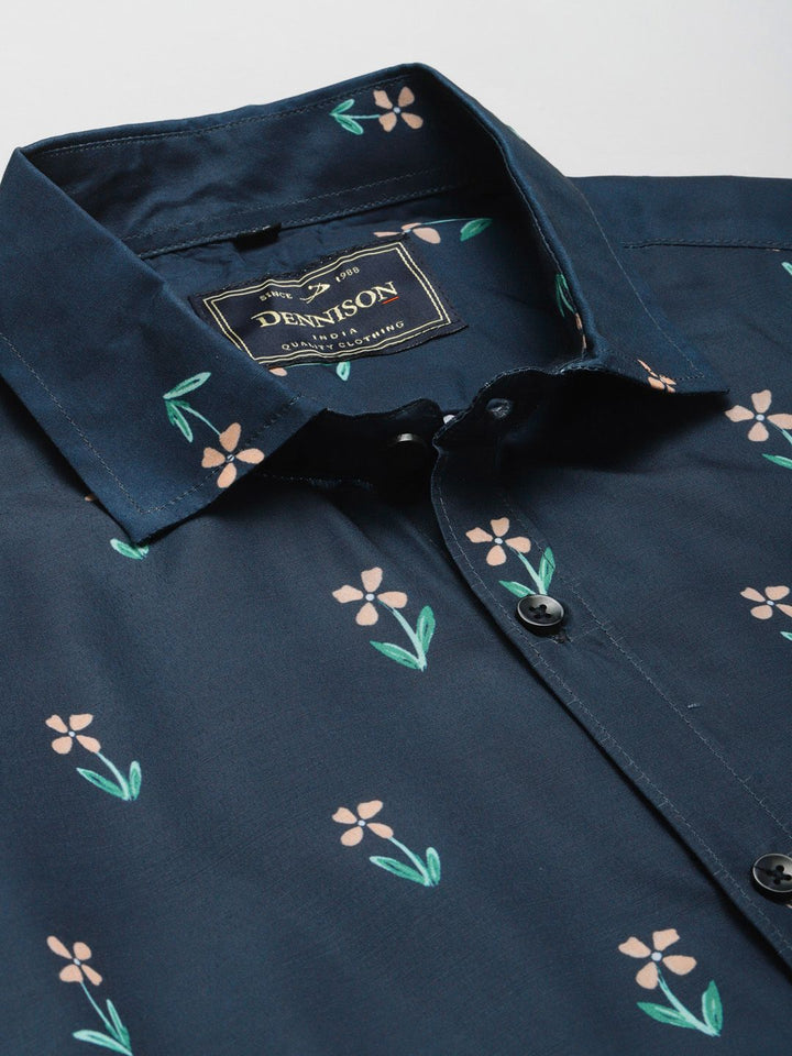 DENNISON Men Navy Blue Smart Slim Fit Floral Printed Formal Shirt