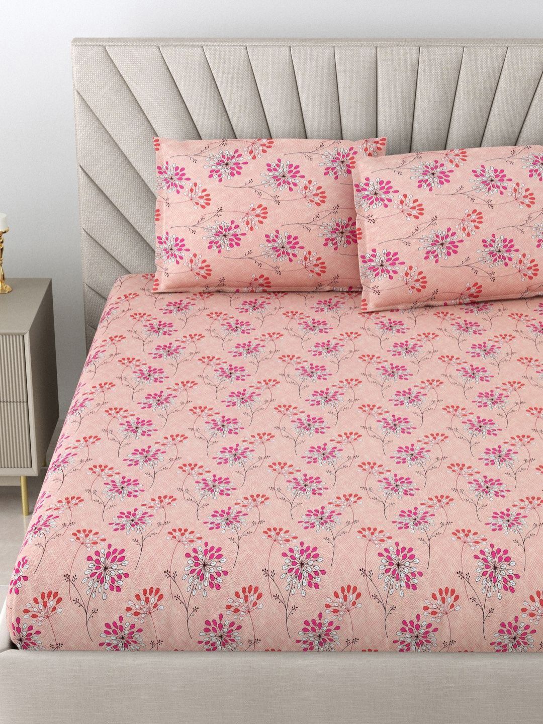BOMBAY DYEING Red Floral Pure Cotton 120 TC Queen Bedsheet Set 2.24 x 2.54 Mts