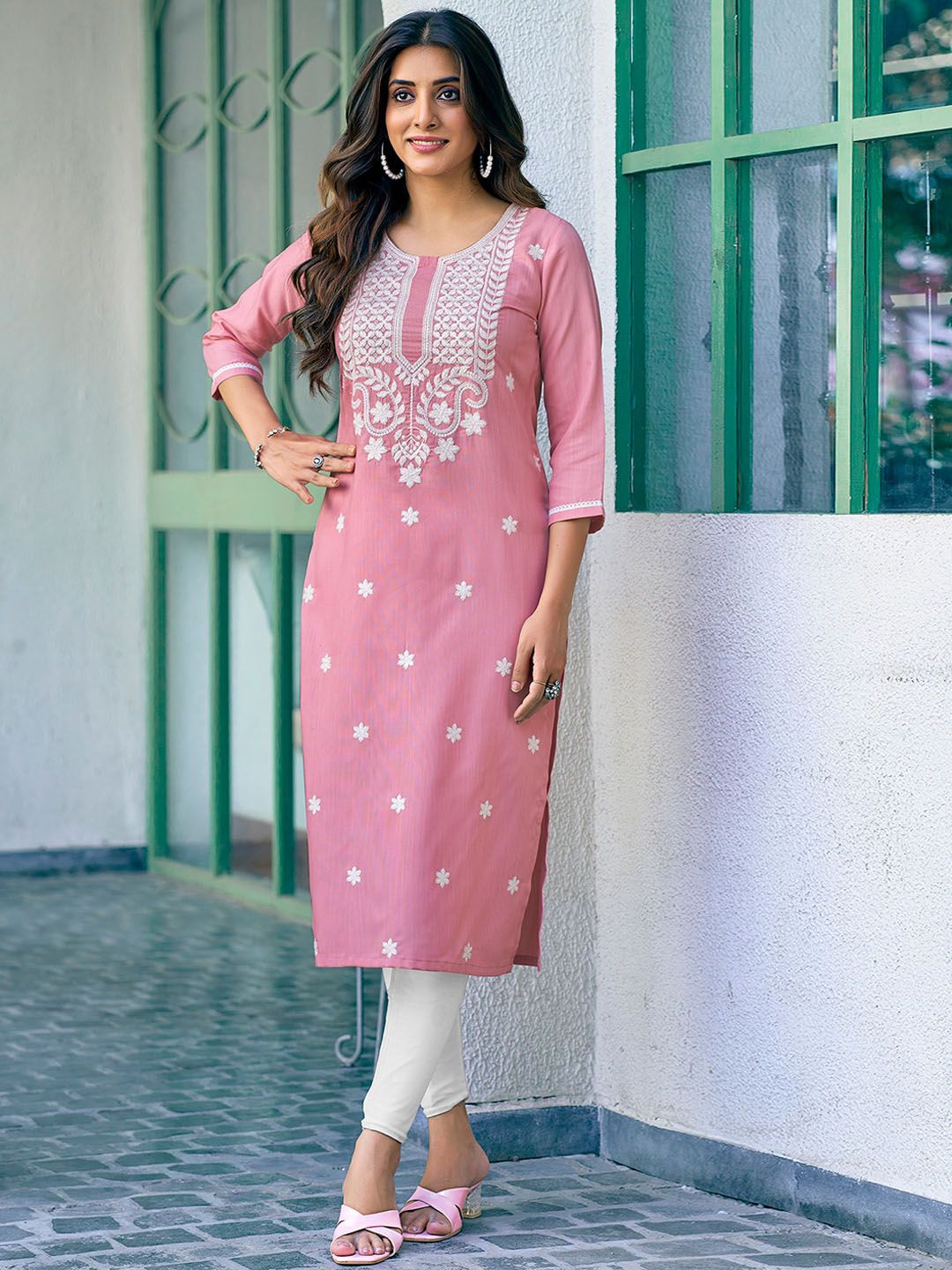 KALINI Floral Embroidered Round Neck Thread Work Straight Kurta