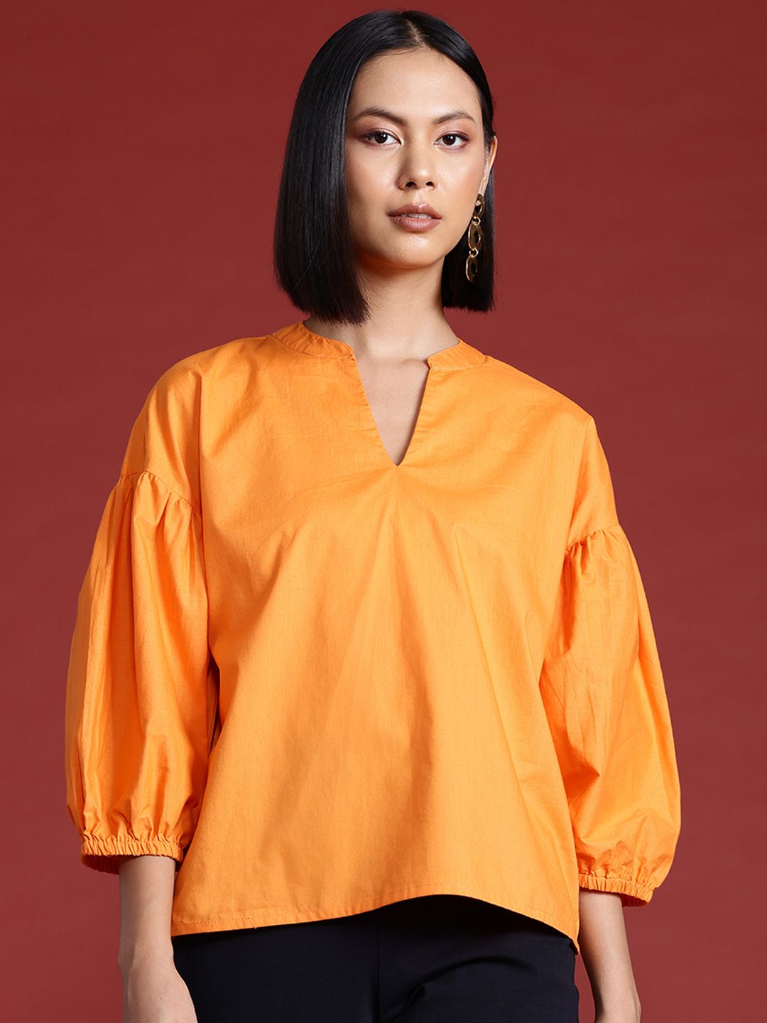 all about you Mandarin Collar Puff Sleeve Top