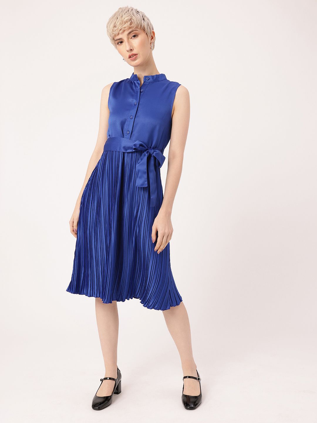 DressBerry Satin Sophistication Accordion Pleated Bow Detailed A-line Dress