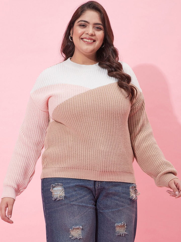 CURVY STREET Women Plus Size Colourblocked Acrylic Pullover Sweater