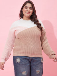 CURVY STREET Women Plus Size Colourblocked Acrylic Pullover Sweater