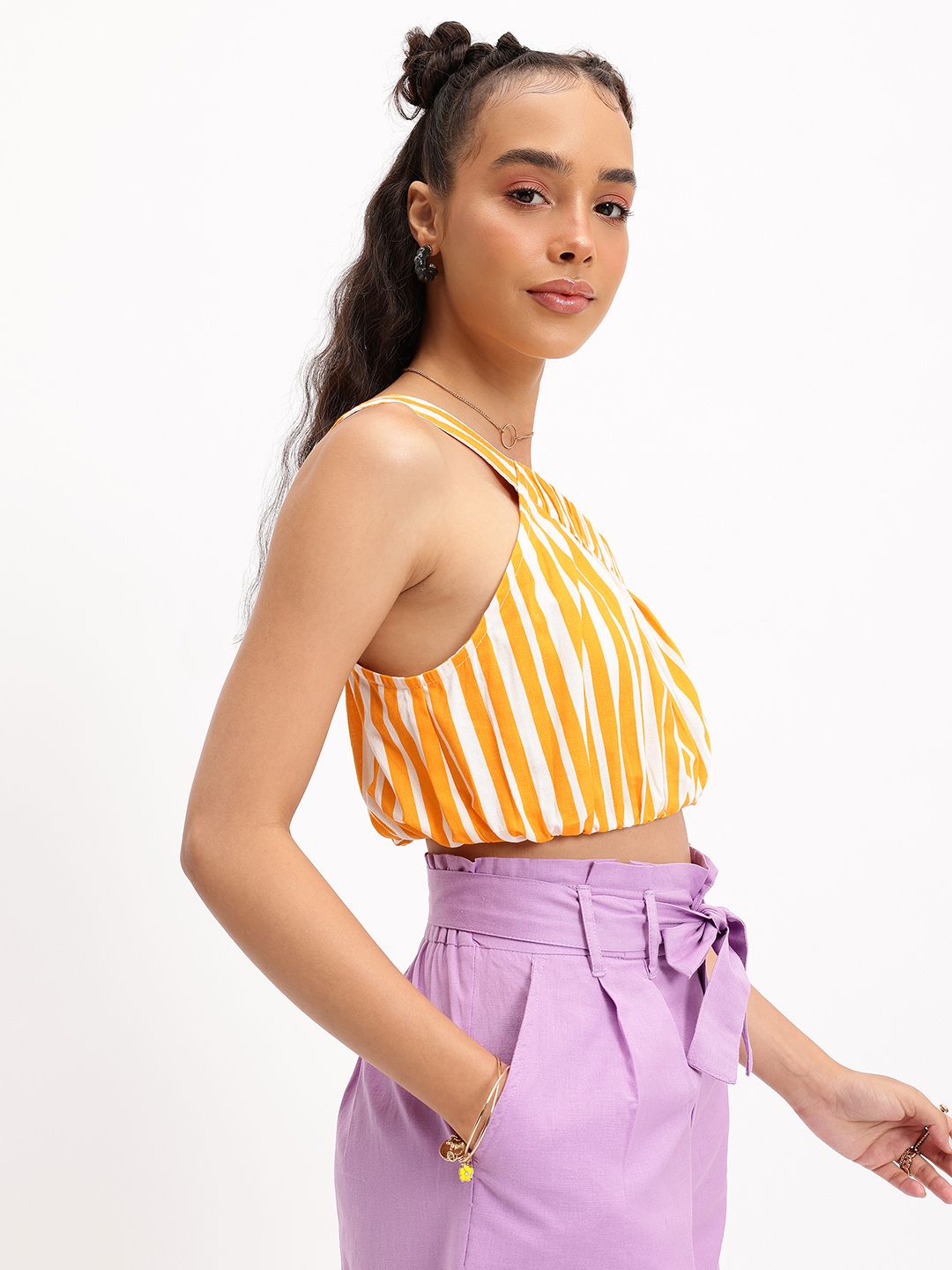 DressBerry Striped One-Shoulder Cinched waist Crop Top