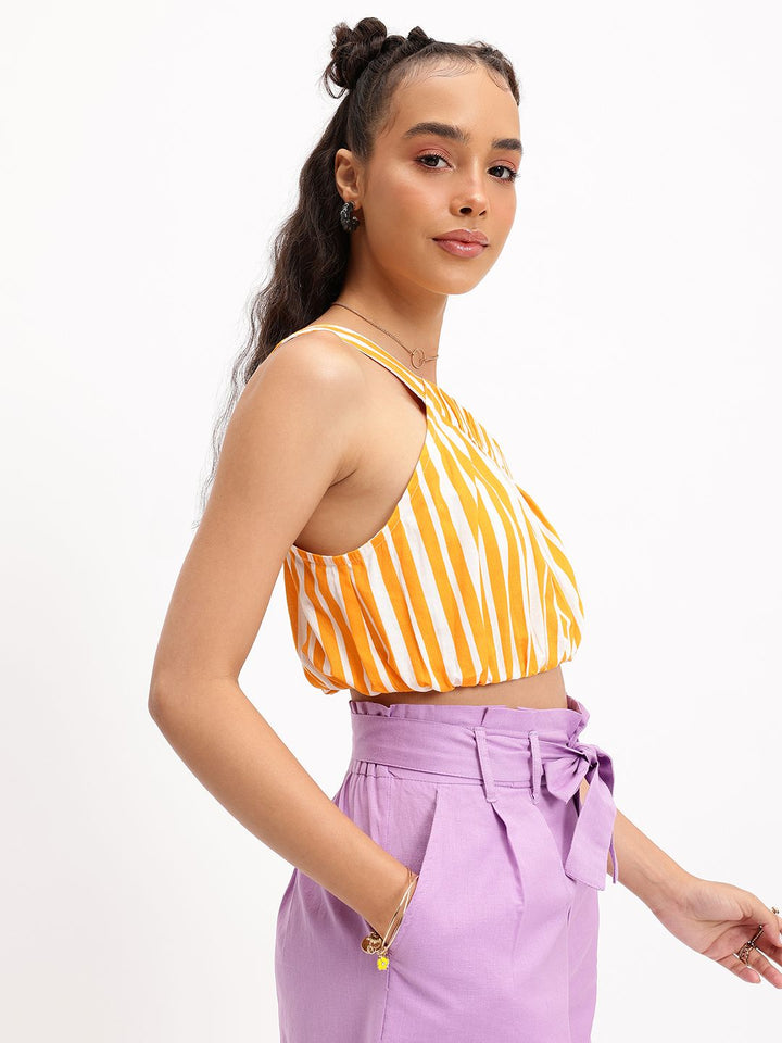 DressBerry Striped One-Shoulder Cinched waist Crop Top