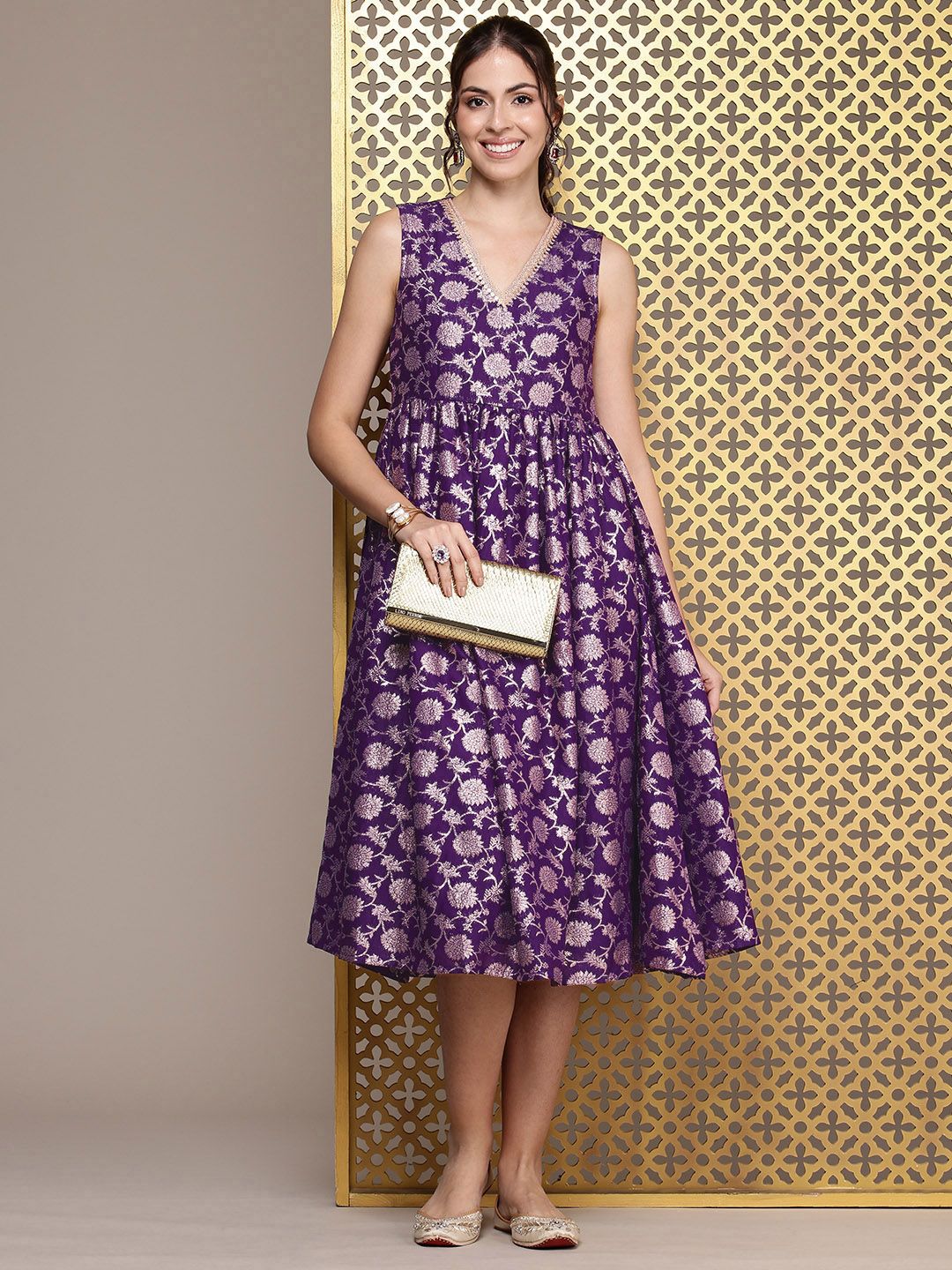 House of Pataudi Floral Embroidered A-Line Midi Jashn Dress