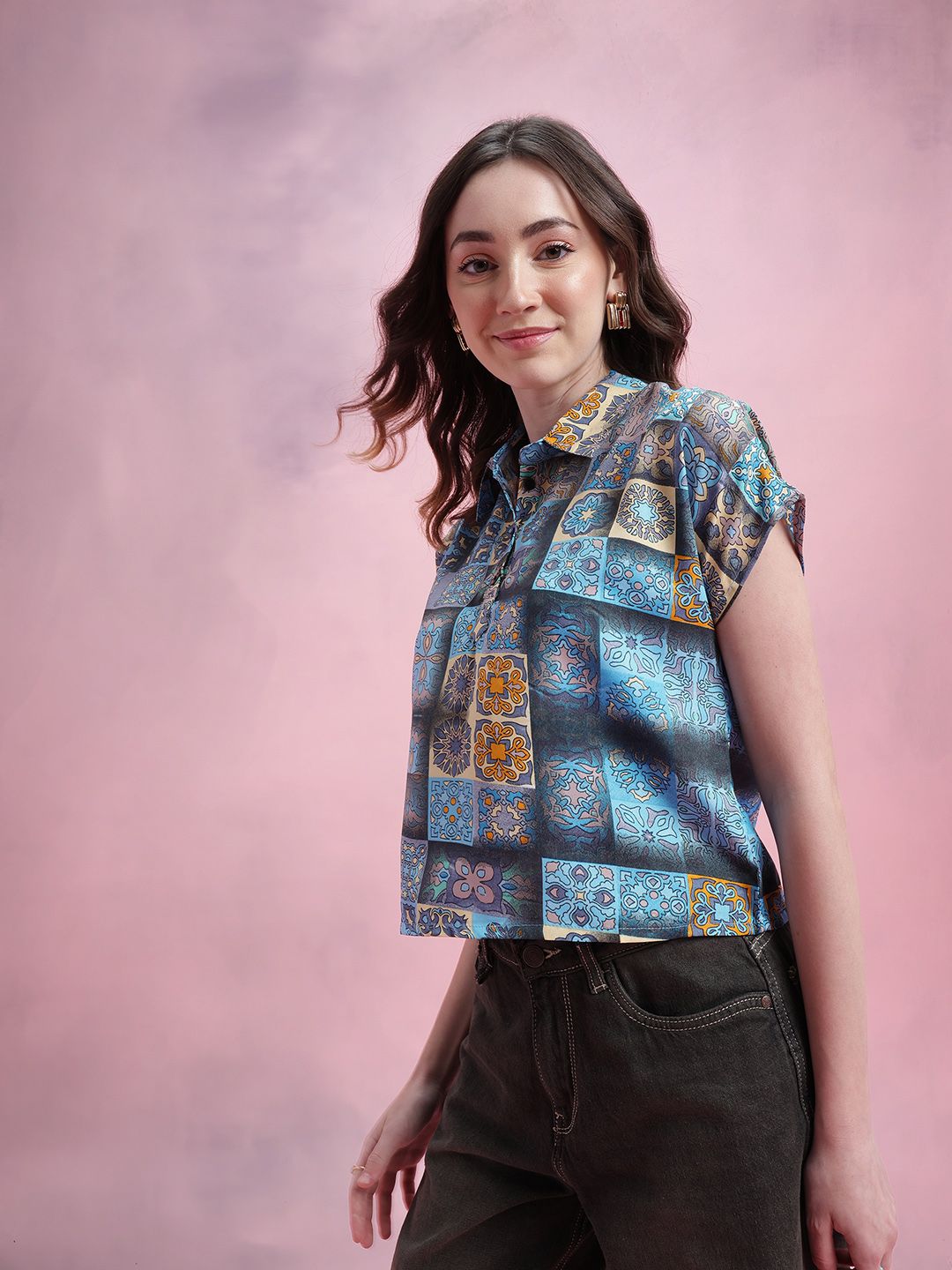 DressBerry Ethnic Motifs Print Extended Sleeves Shirt Style Top
