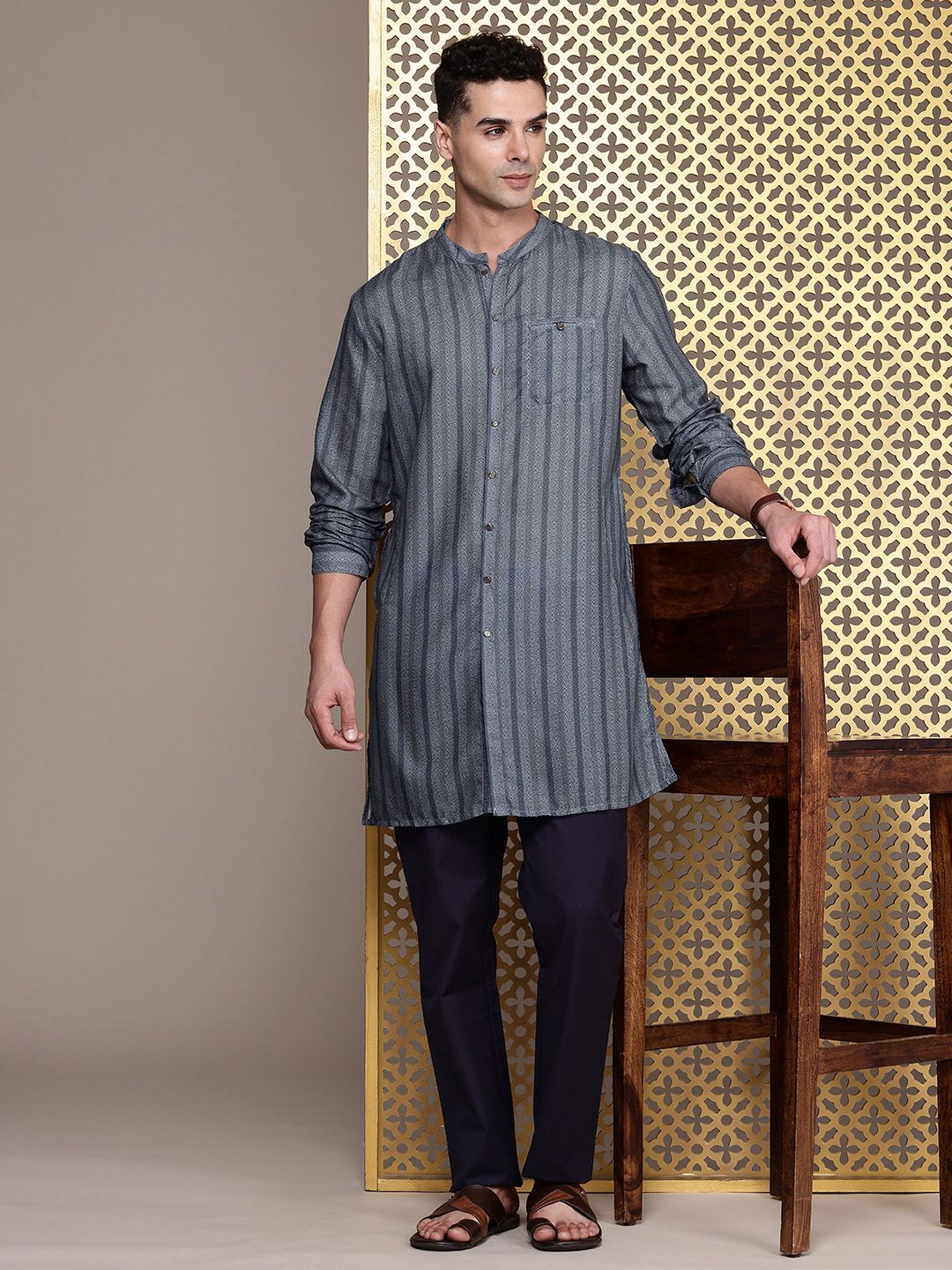 House of Pataudi Ethnic Motifs Printed & Striped Rozana Kurta