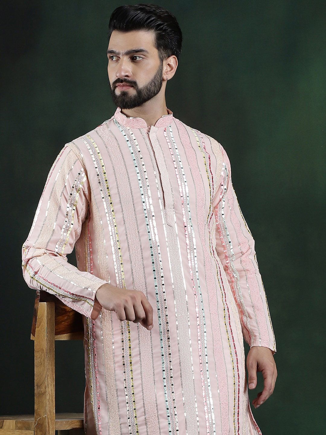 SOJANYA LUXE Labuci Kolar Mandarin Berjalur Georgette Kurta Lurus