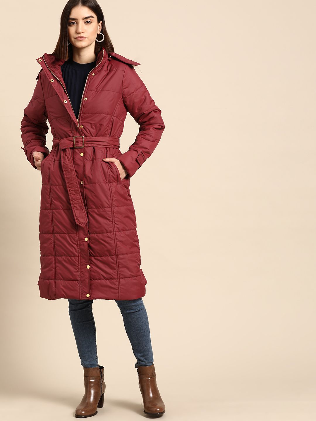 all about you Women Maroon Longline Hooded Parka Jacket with Belt