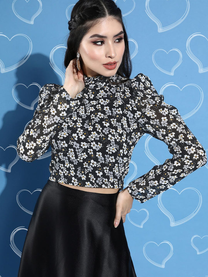 STREET 9 Black Floral Print Chiffon Blouson Top
