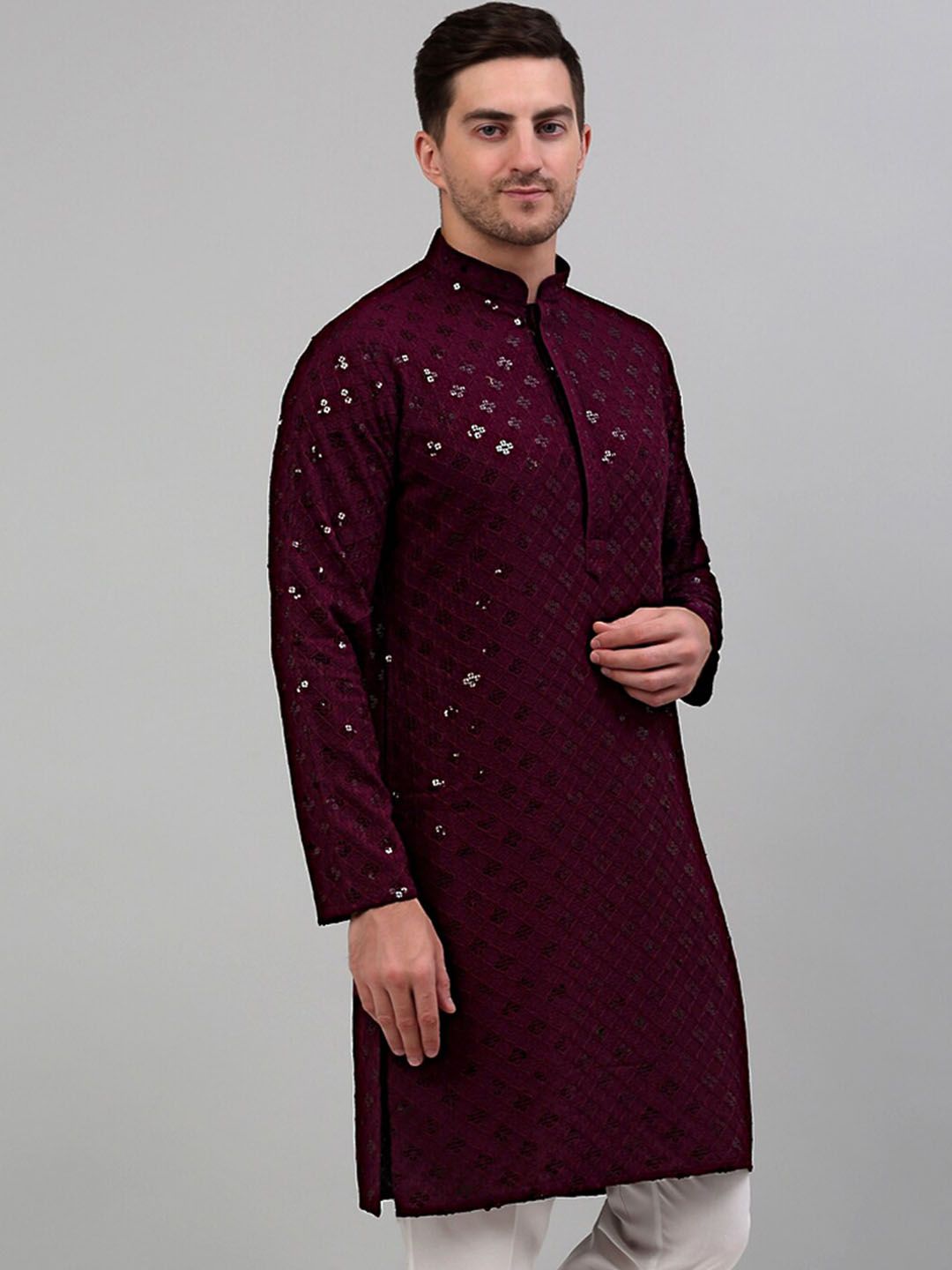 Jompers Geometric Embroidered Mandarin Collar Sequined Kurta