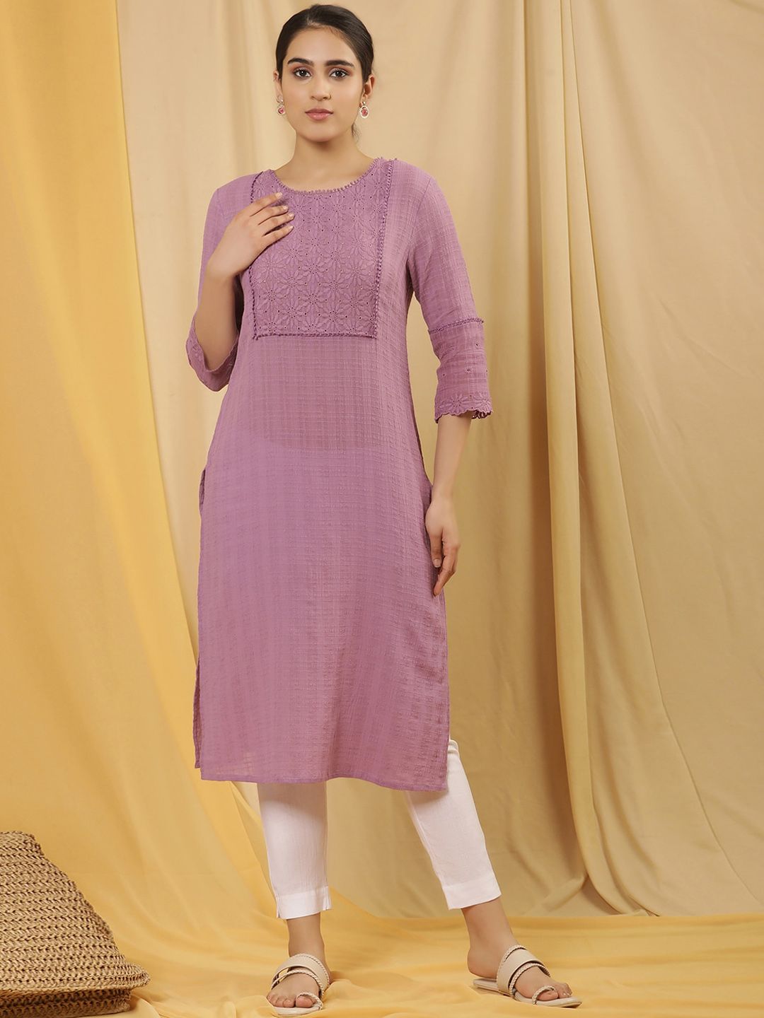 W Purple Floral Yoke Design Thread Work Pure Cotton Straight Kurta