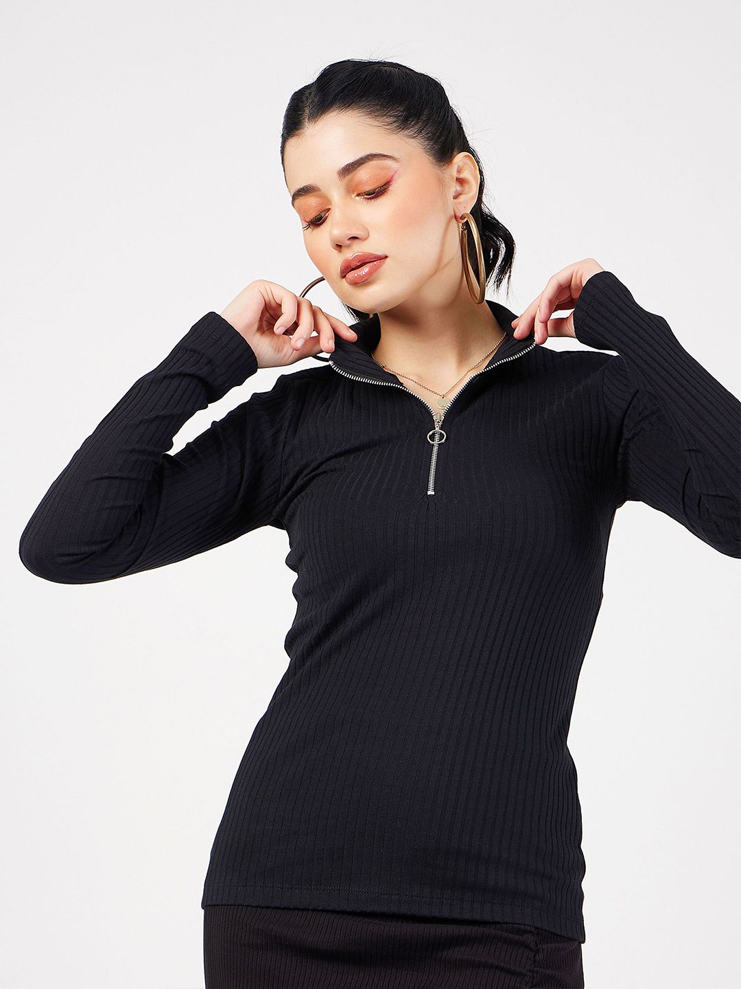 SASSAFRAS Black Ribbed High Neck Fitted Top