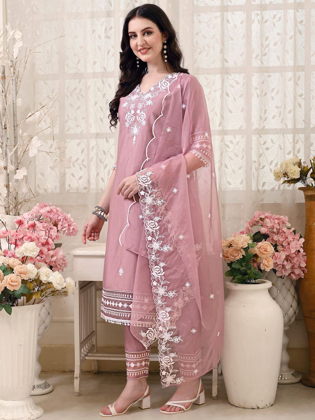 KALINI Floral Embroidered Thread Work Chanderi Cotton Kurta with Trousers & With Dupatta