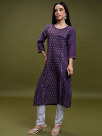 Vishudh Purple Geometric Printed Round Neck Thread Work Straight Kurta