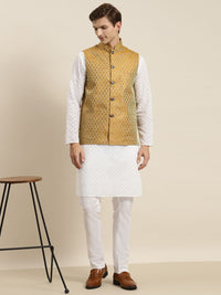 SOJANYA Lelaki White Chikankari Pure Cotton Kurta dengan Piyama & Jaket Nehru