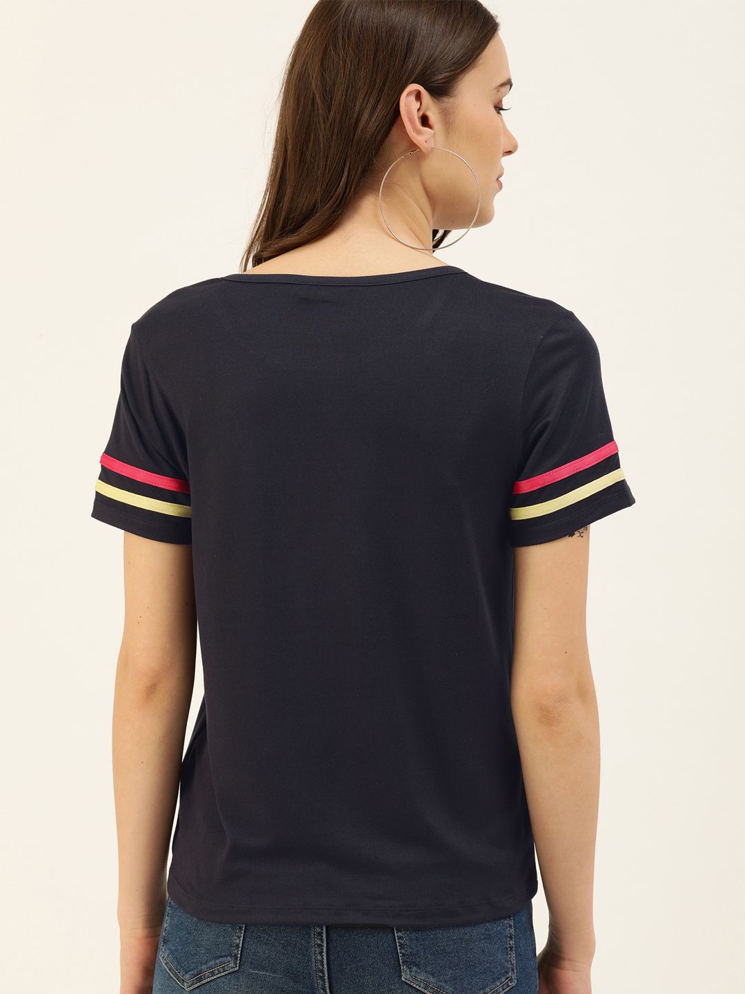 DressBerry Women Navy Blue Solid Round Neck T-shirt