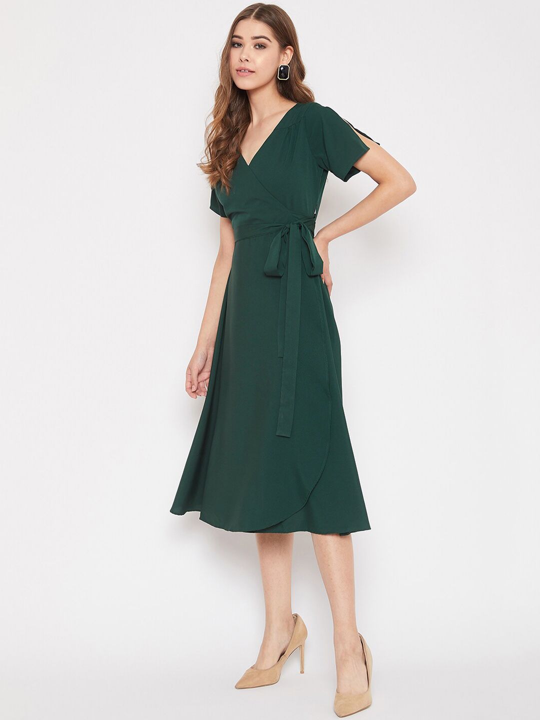 Berrylush Green Crepe Midi Wrap Dress