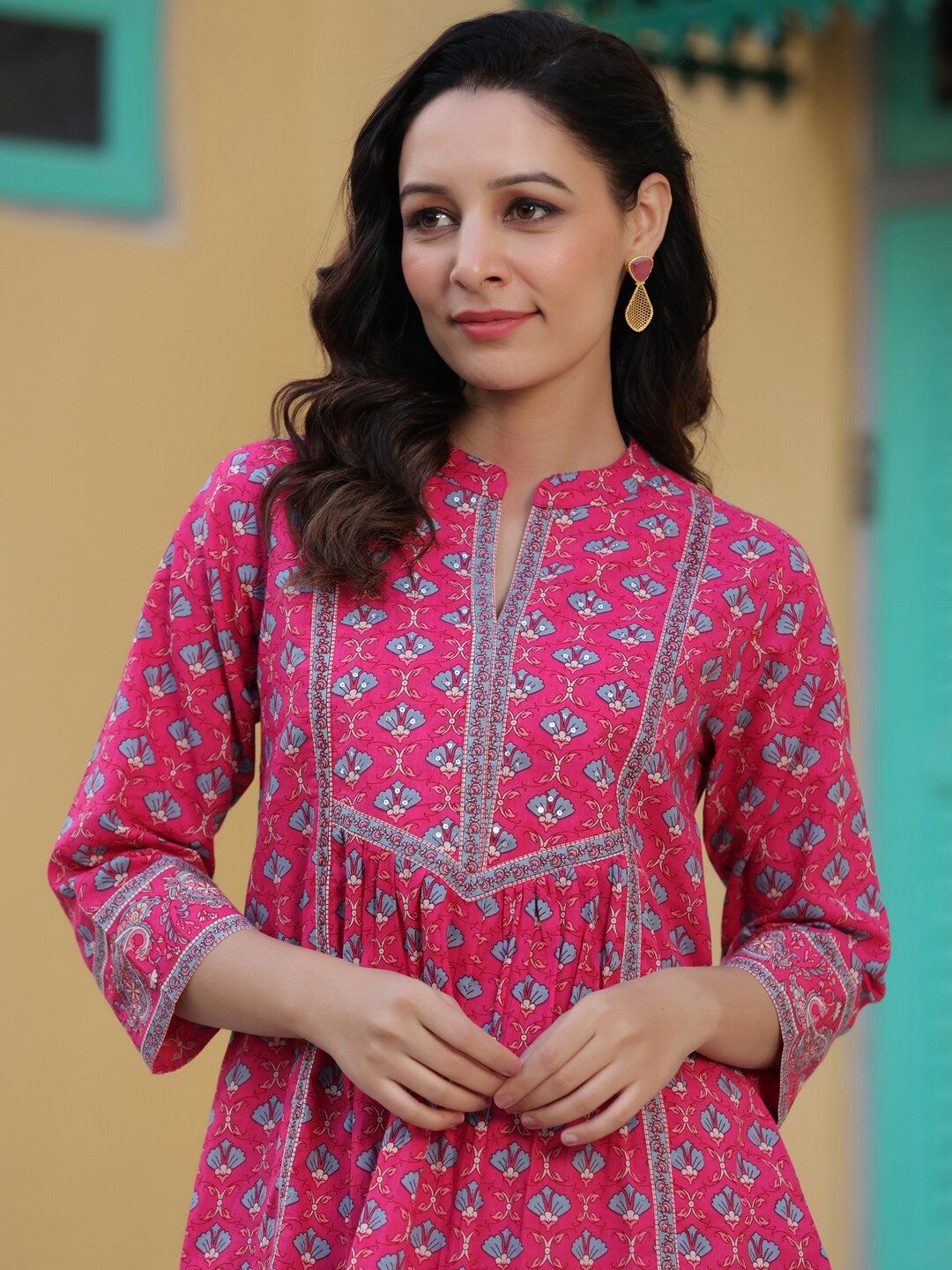 Motif Etnik Hujan &amp; Pelangi Bercetak Kurti A-Line Kapas Tulen