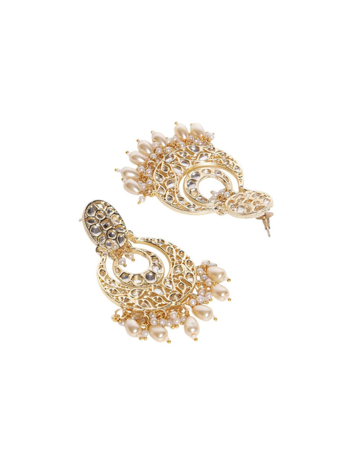 PANASH Gold-Plated Artificial Stones Studded and Beaded Contemporary Shaped Drop Earrings