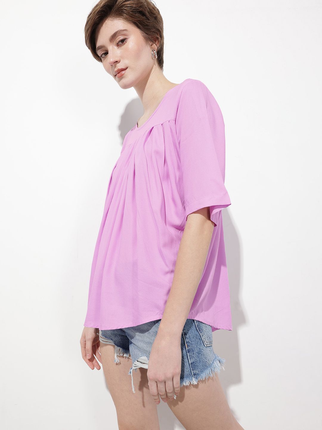 DressBerry Pastel Lilac Pleasing Pleated Flared Top