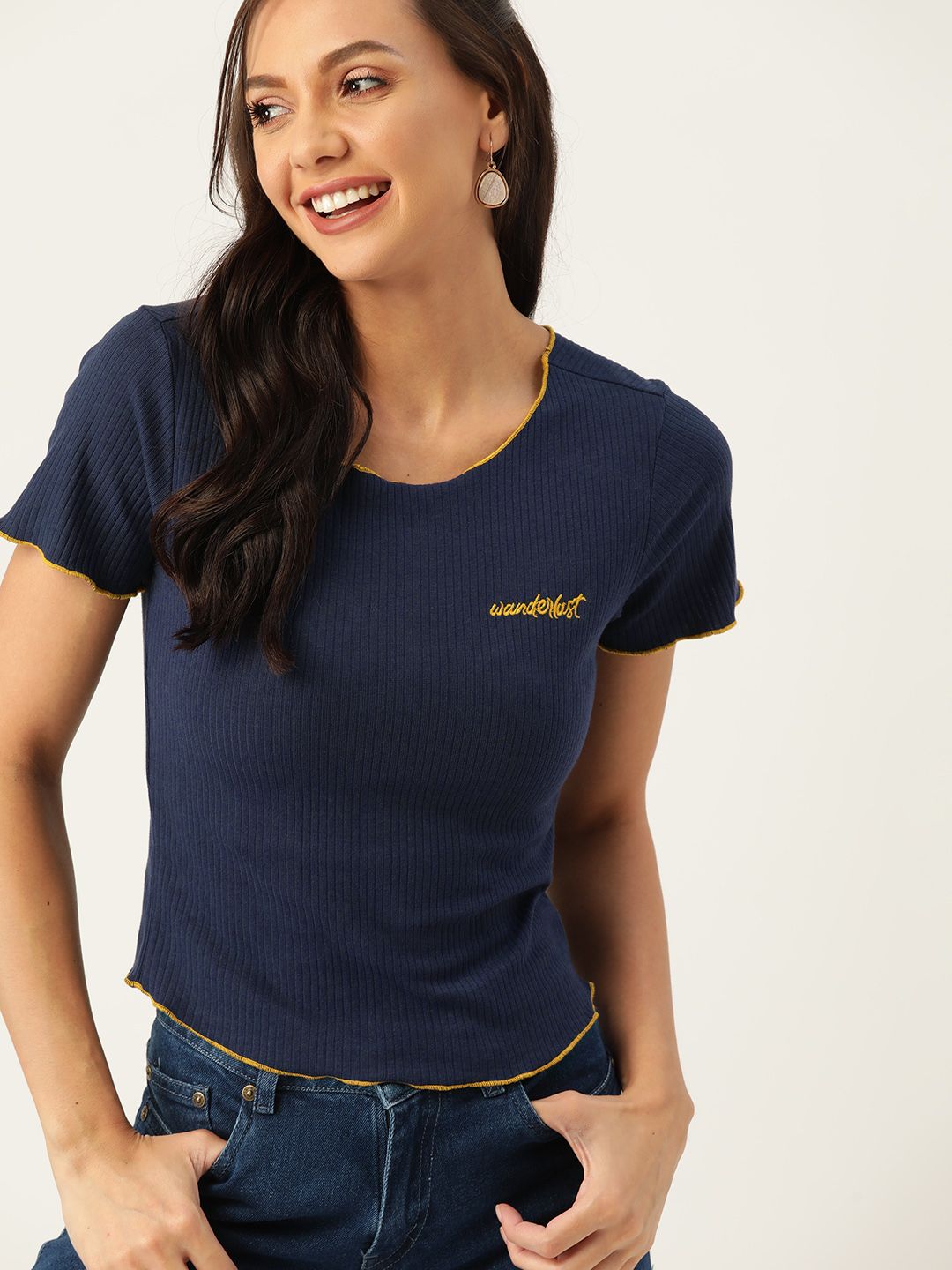 DressBerry Women Navy Blue Solid Ribbed Regular Top