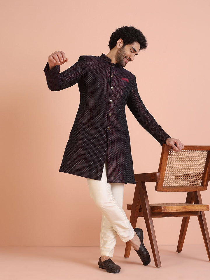 KISAH Men Self-Design Cotton Indowestern Sherwani Trouser Set