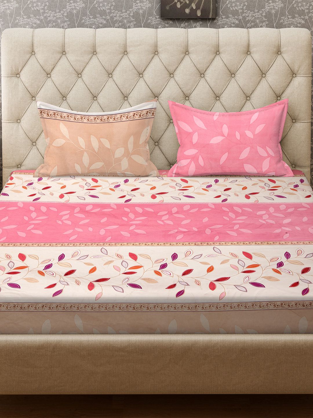 KLOTTHE Pink & Cream Floral 300 TC Fitted Super King Double Bedsheet with 2 Pillow Covers