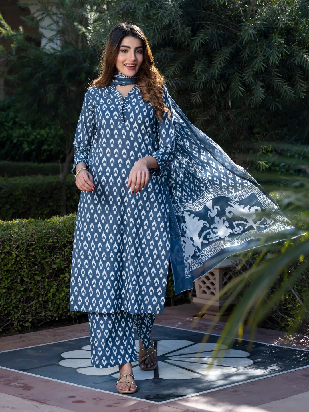 KALINI Floral Printed V-Neck Pure Cotton Straight Kurta With Palazzos And Dupatta
