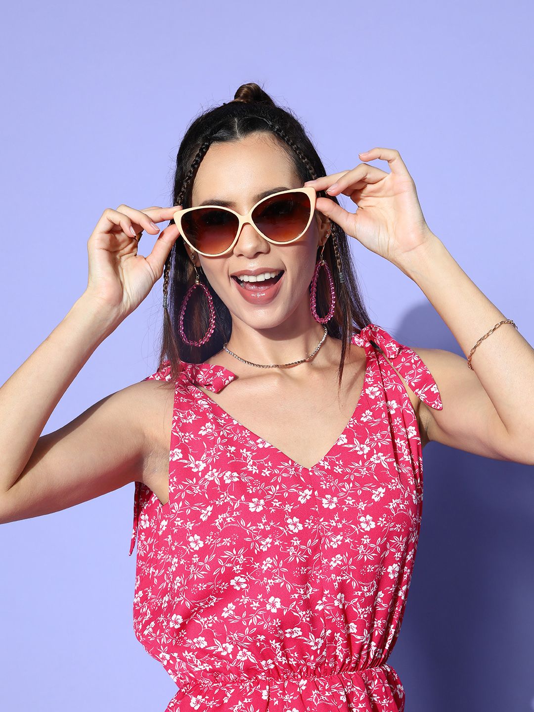 Berrylush Women Pink Floral Printed Tie-up V-Neck Printed Jumpsuit