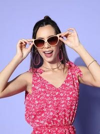 Berrylush Women Pink Floral Printed Tie-up V-Neck Printed Jumpsuit