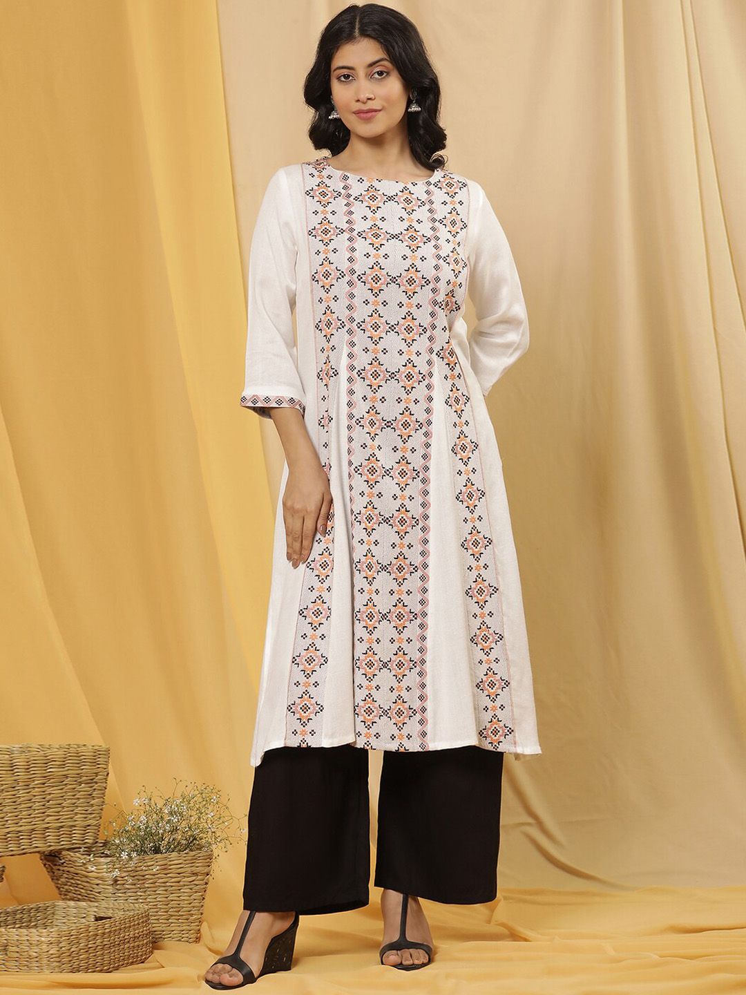 W Ethnic Motifs Embroidered Boat Neck Straight Kurta with Palazzo