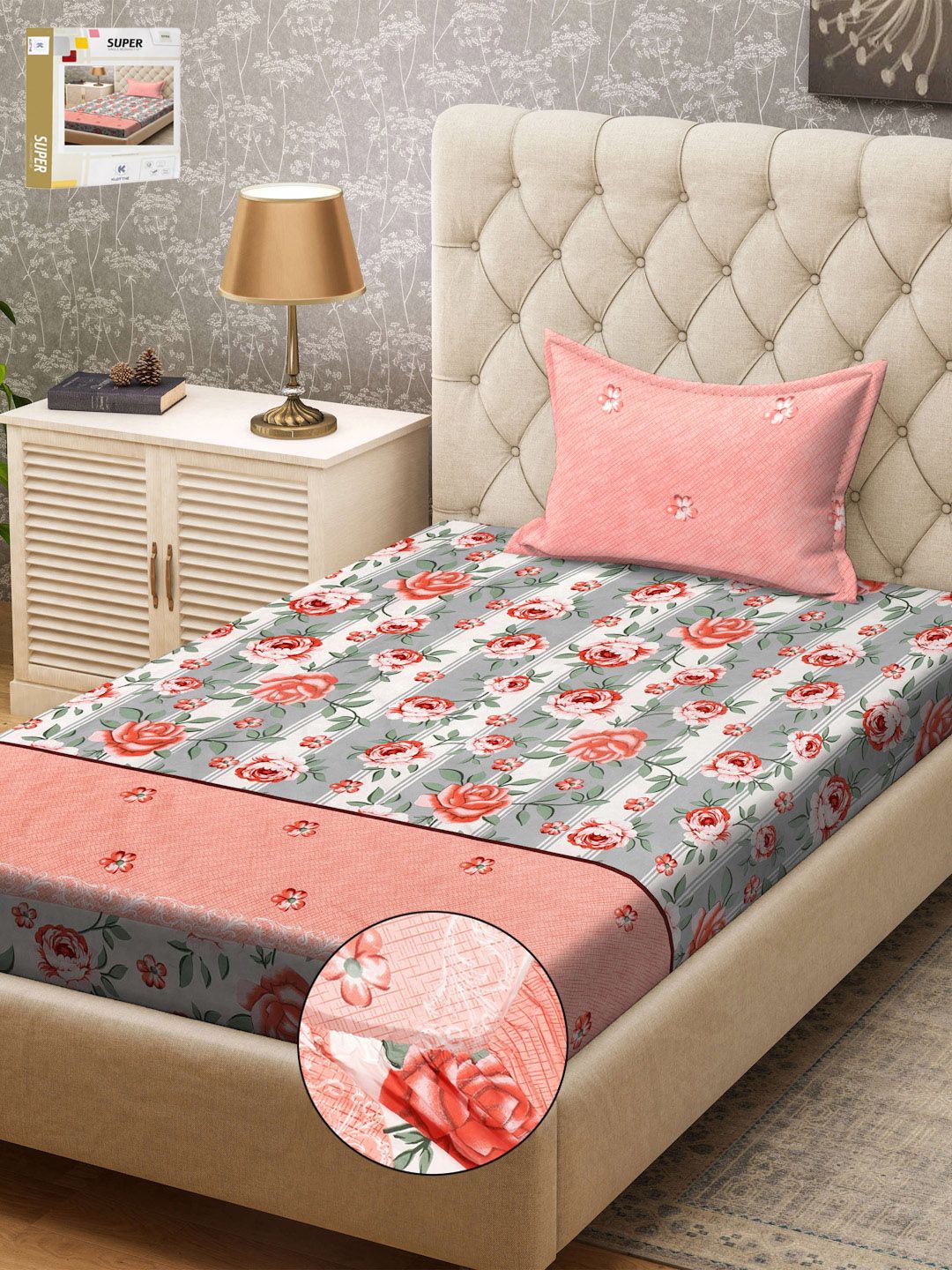 KLOTTHE Pink & Grey Floral Printed 300TC Fitted Single Bedsheet & Pillow Cover