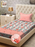 KLOTTHE Pink & Grey Floral Printed 300TC Fitted Single Bedsheet & Pillow Cover