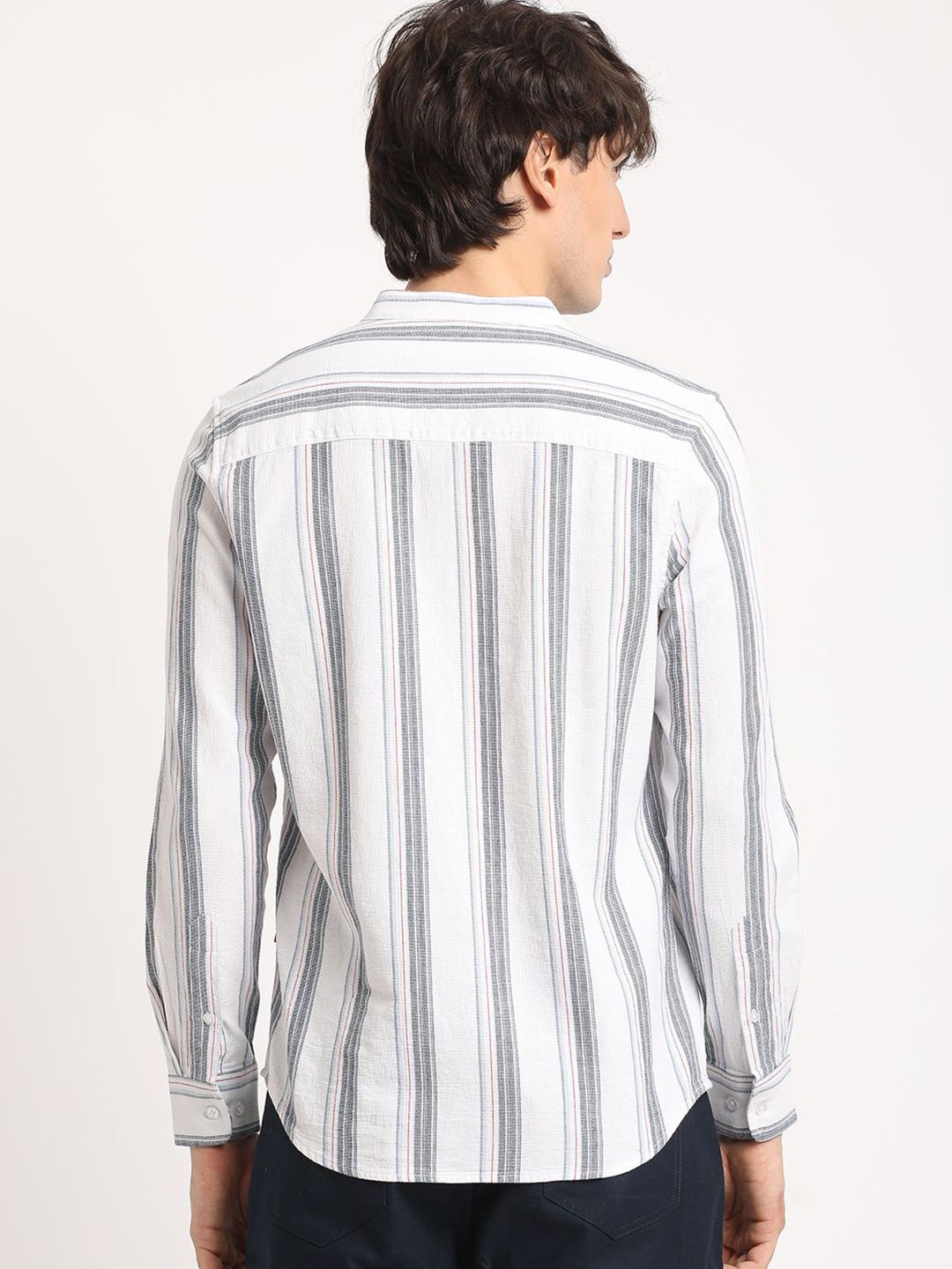 THE BEAR HOUSE Pure Cotton Striped Slim Fit Mandarin Collar Casual Shirt