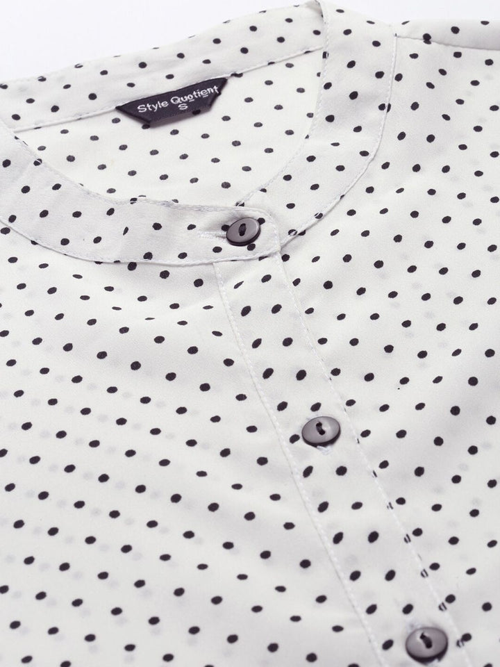Style Quotient White & Black Polka Dot Print Mandarin Collar Shirt Style Top
