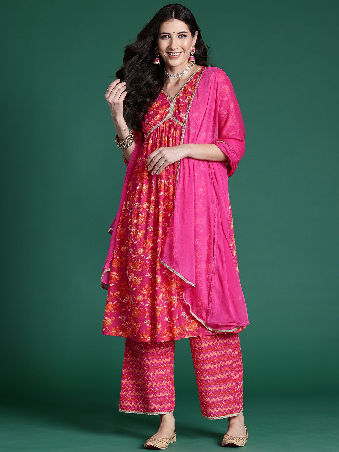 Indo Era Women Floral Printed Regular Pure Cotton Kurta with Palazzos & With Dupatta