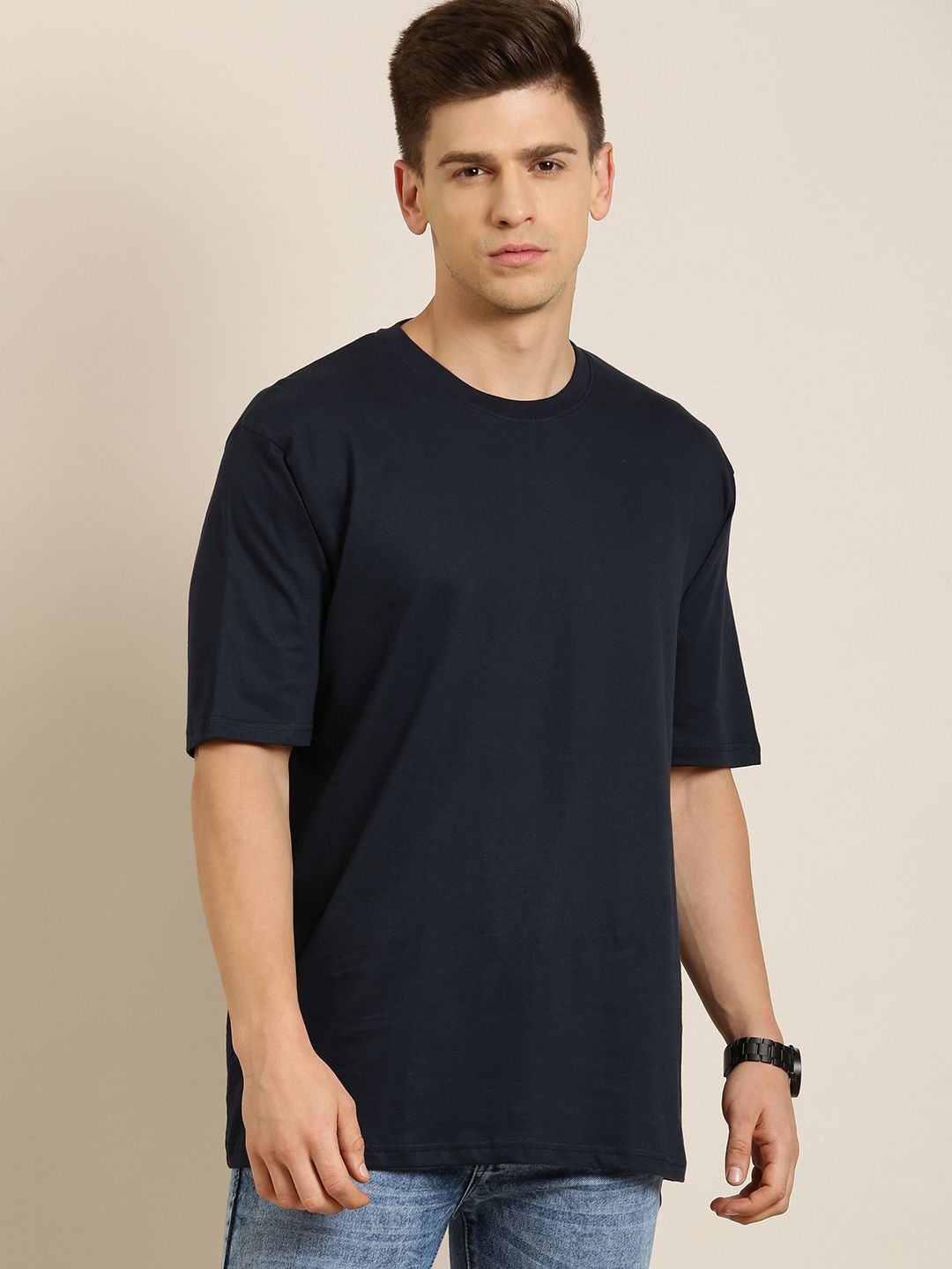 Difference of Opinion Men Navy Blue Pure Cotton Drop-Shoulder Oversized Fit T-shirt