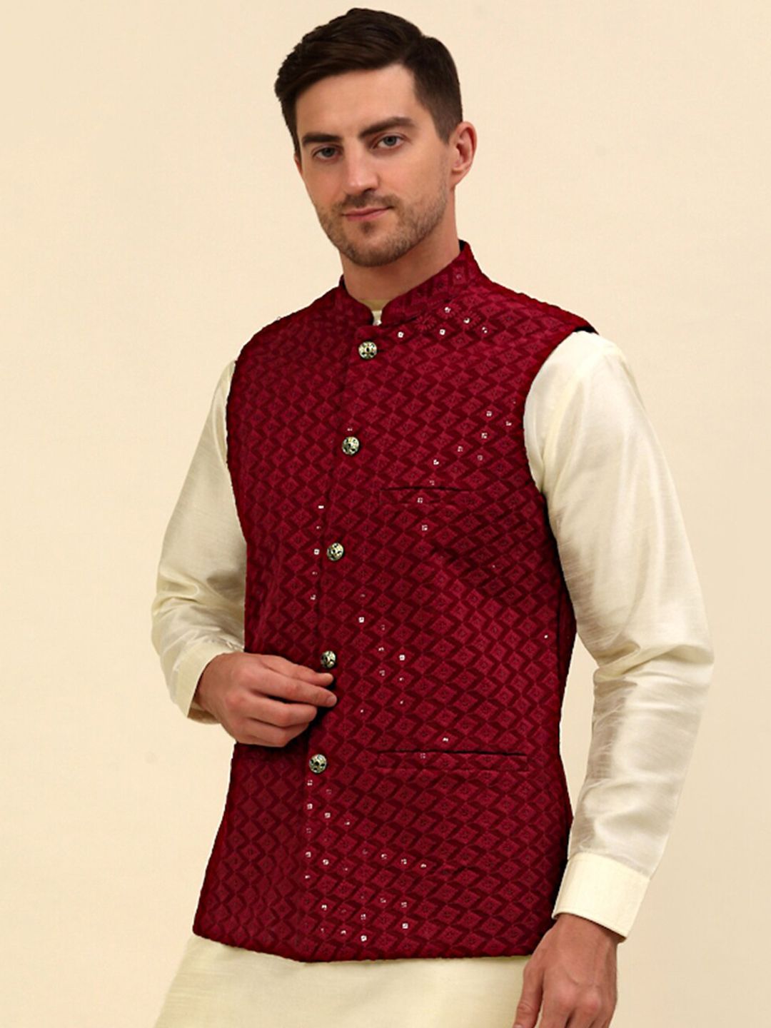 Anouk Maroon Embroidered Sequinned Nehru Jacket