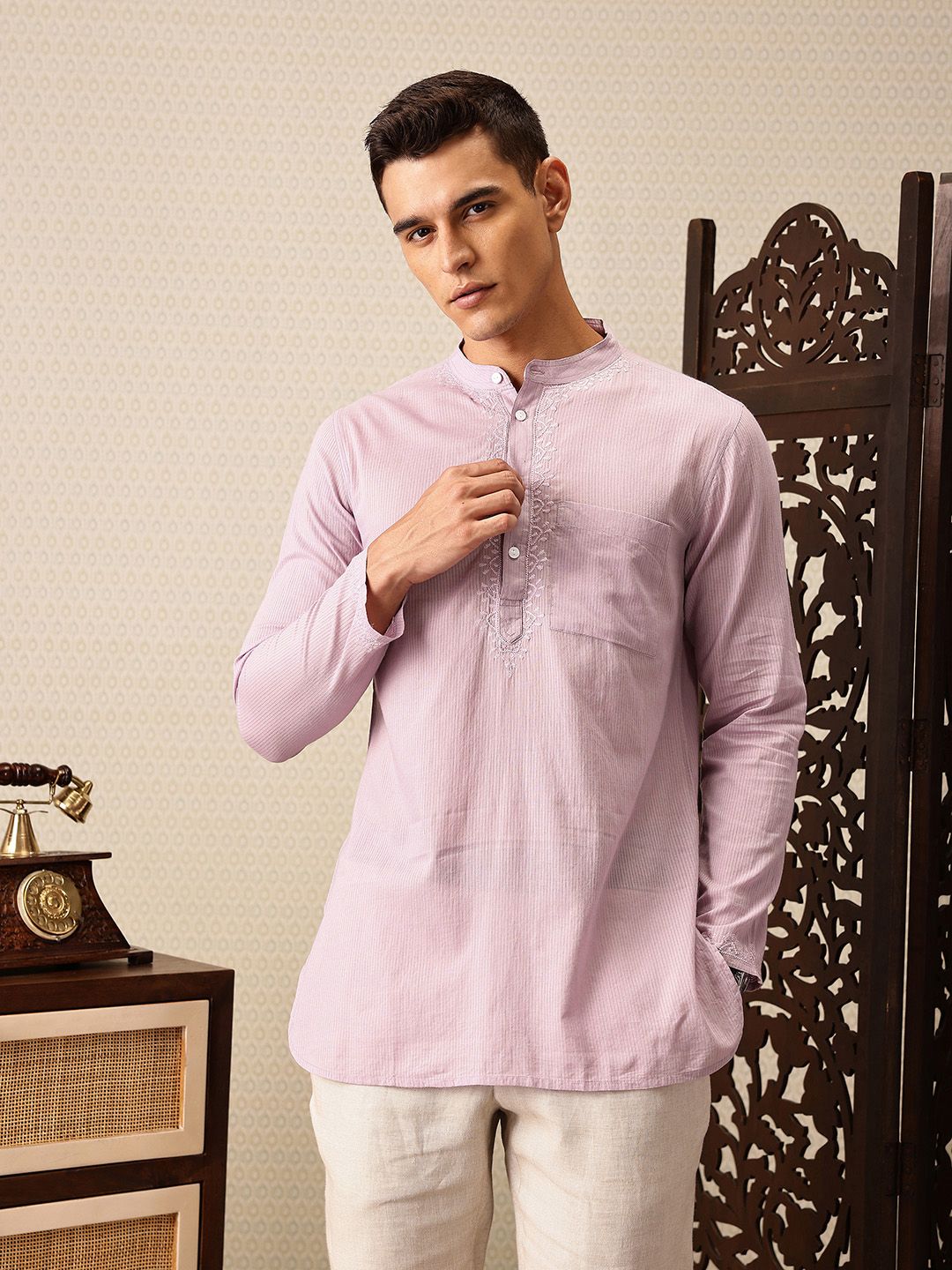House of Pataudi Yoke Chikankari hand embroidered jashn Pure Cotton short kurta