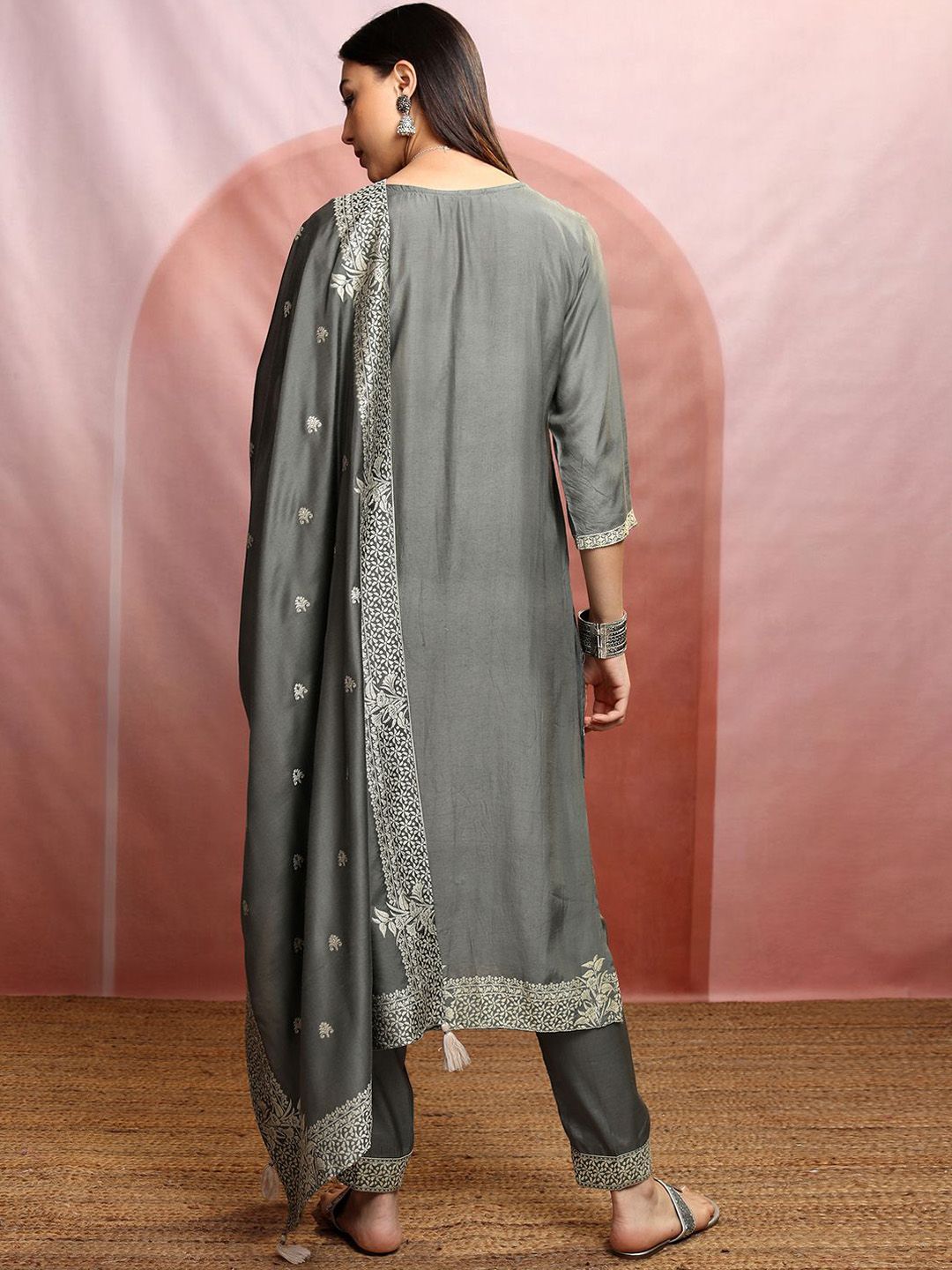 Vishudh Ethnic Motifs Embroidered Straight Pure Cotton Kurta & Trousers With Dupatta