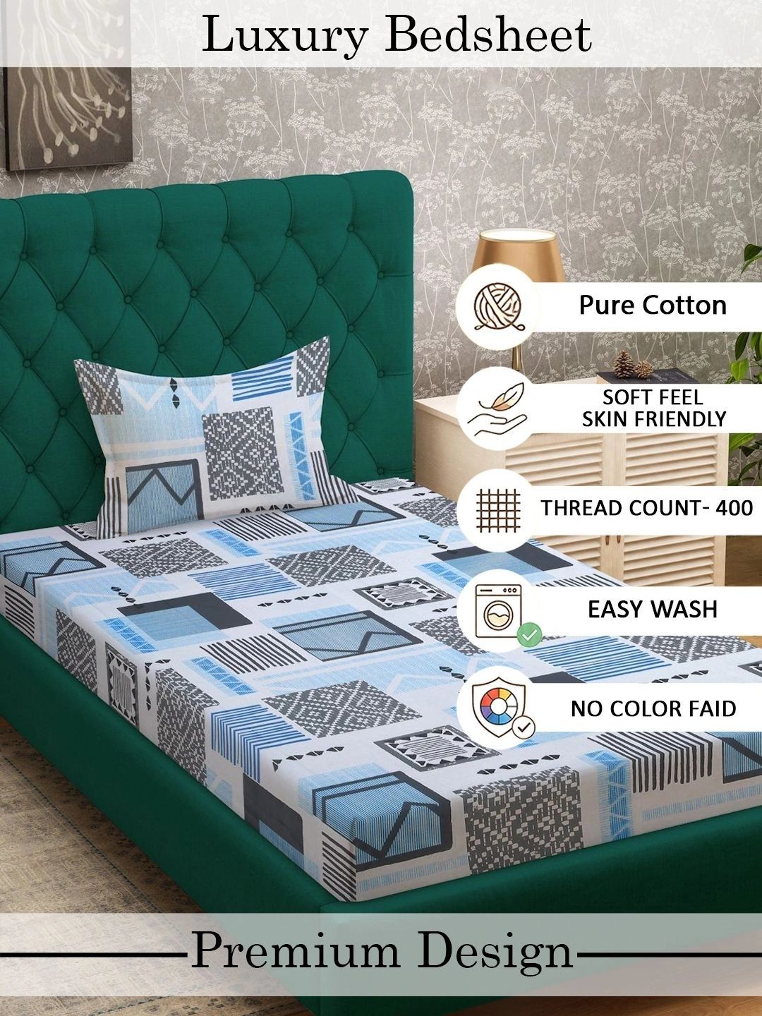 Myntra Elegant Homes Blue Geometric 400 TC Single Bedsheet with 1 Pillow Covers
