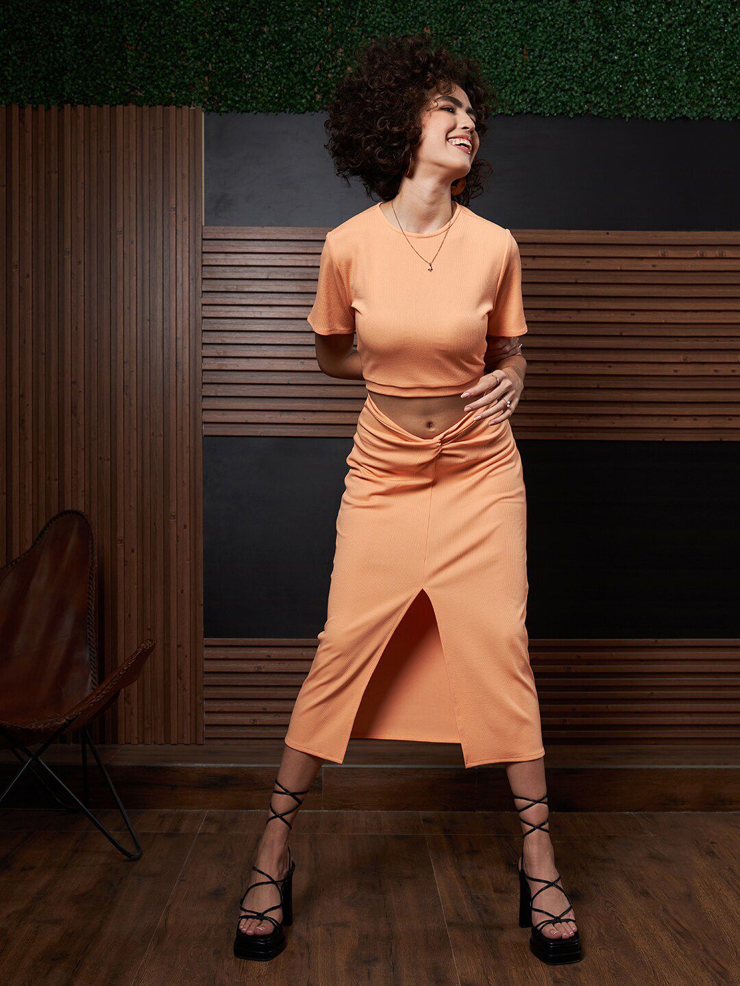 Athena Peach-Coloured Round Neck Short Sleeves Cut-Outs Sheath Midi Dress