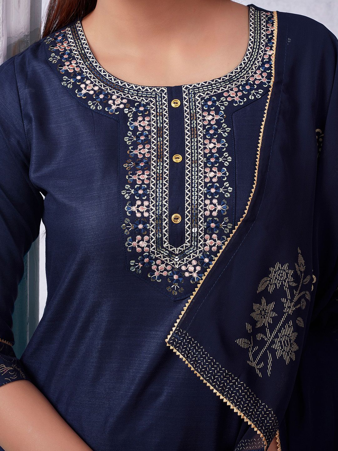 KALINI Ethnic Motifs Embroidered Round Neck Three-Quarter Sleeves Sequinned Kurta Set