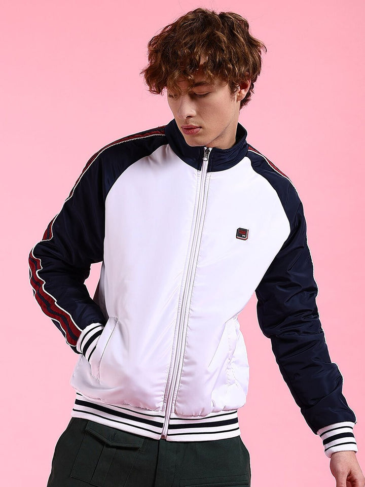 The Indian Garage Co Men White Striped Crop Outdoor Bomber with Embroidered Jacket