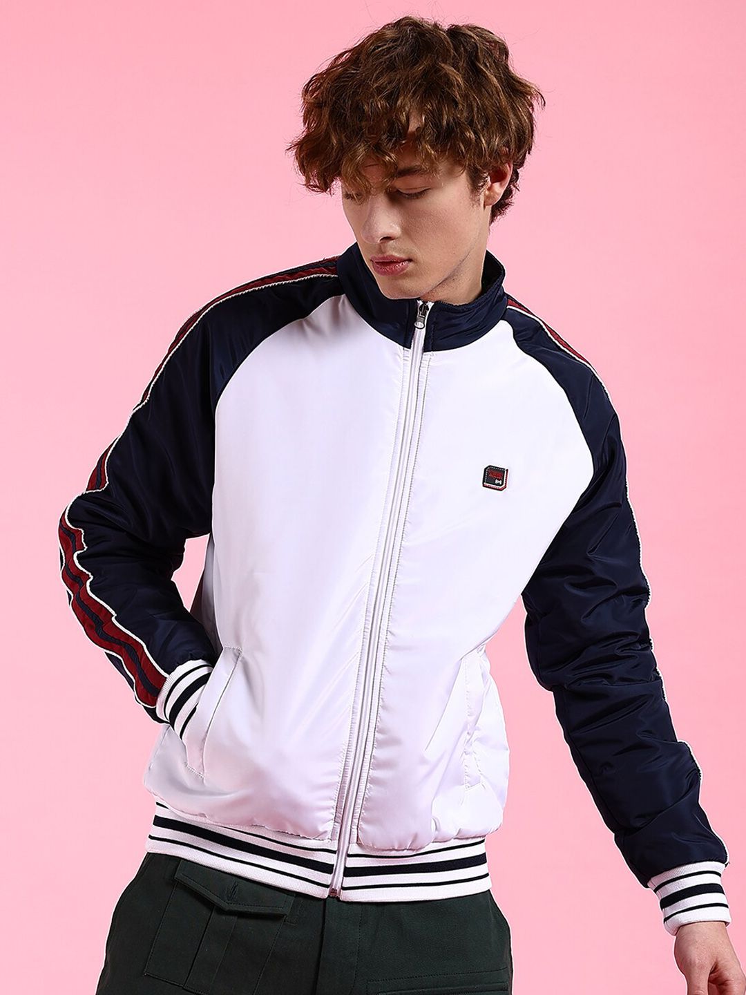 The Indian Garage Co Men White Striped Crop Outdoor Bomber with Embroidered Jacket